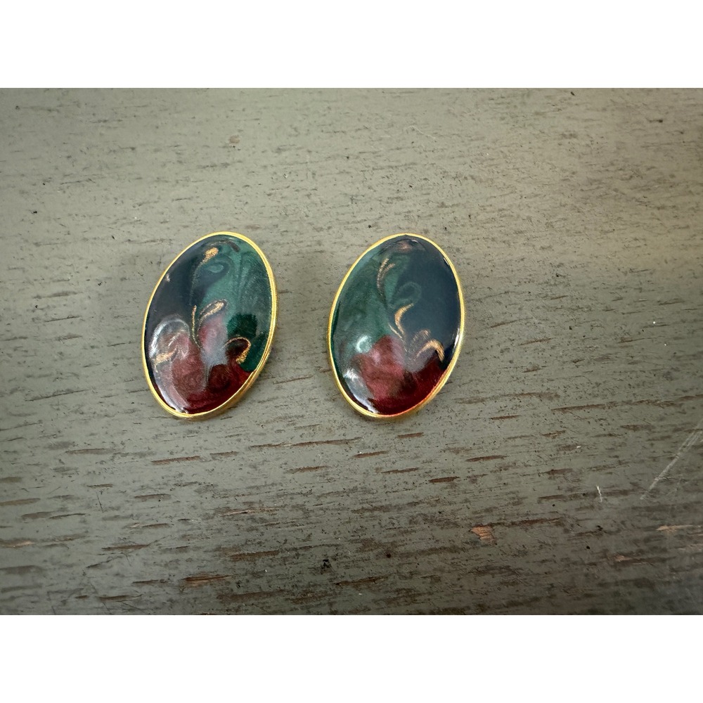 Vintage Oval Enamel Clip On Earrings Gold Tone Green Burgundy Swirl Statement